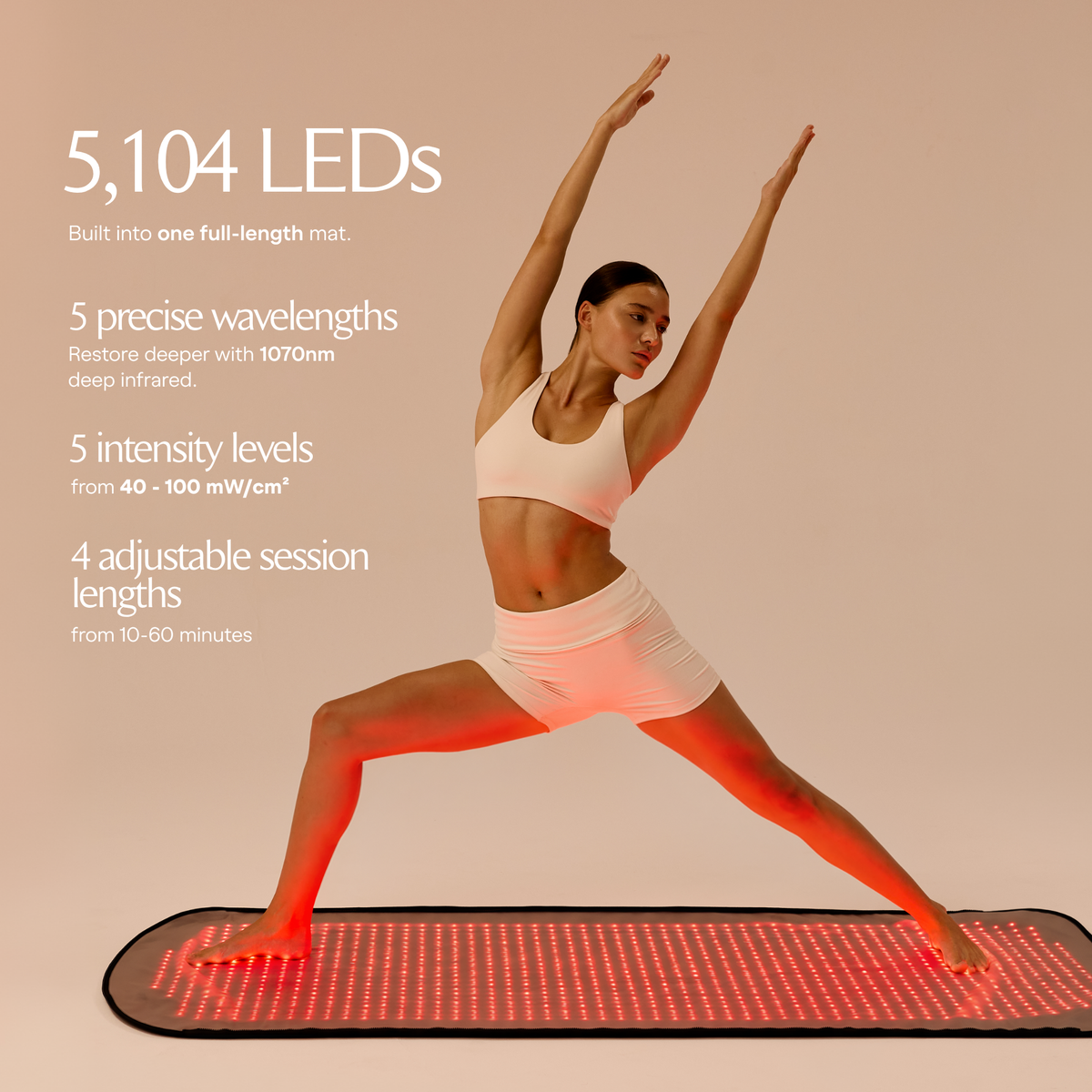 Donna in posa yoga su Restora accanto a un'infografica di numero di LED e impostazioni