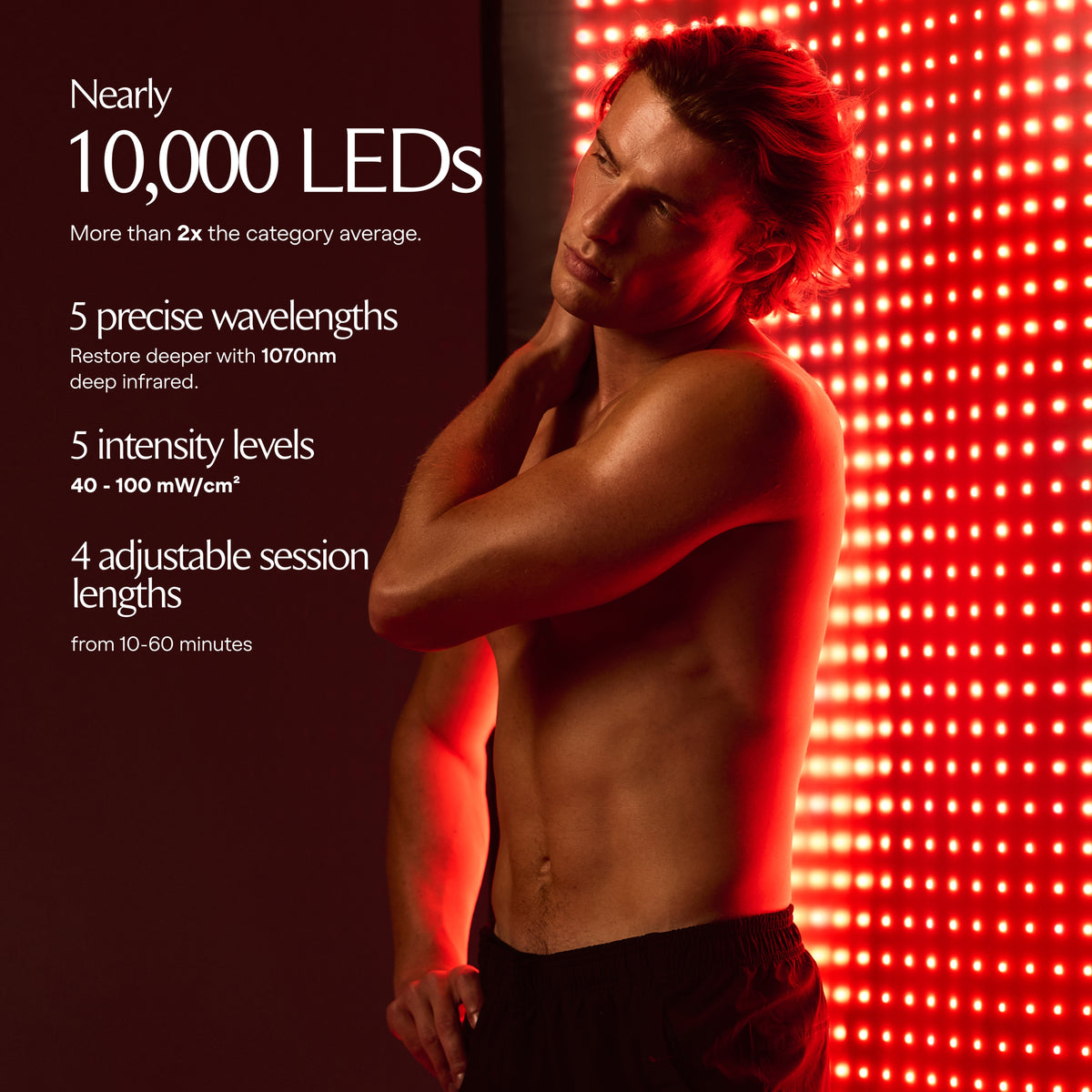 Restora+ specifications infographic beside a man standing against an illuminated red LED mat