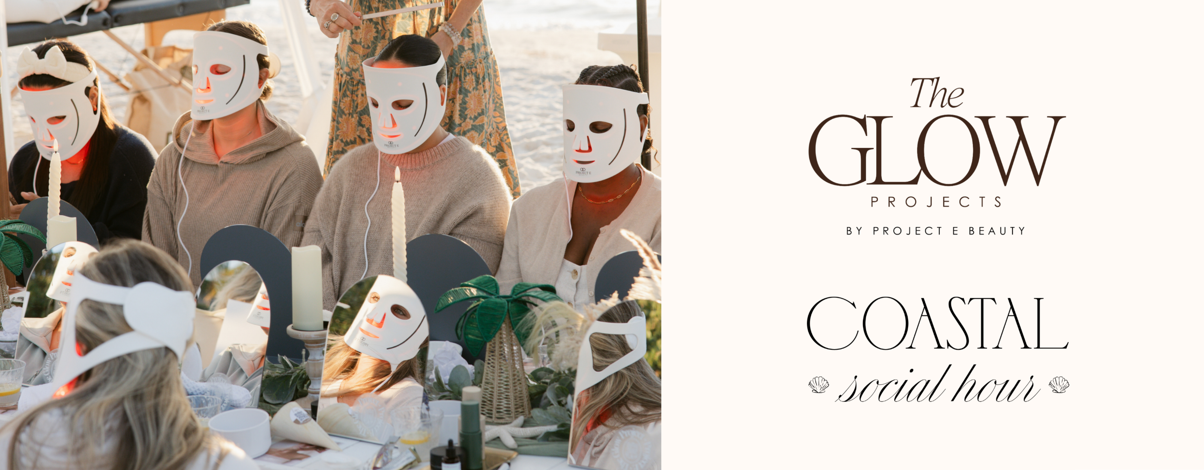 Attendees relaxing with LumaLux Face Pro LED masks at luxury outdoor skincare event.